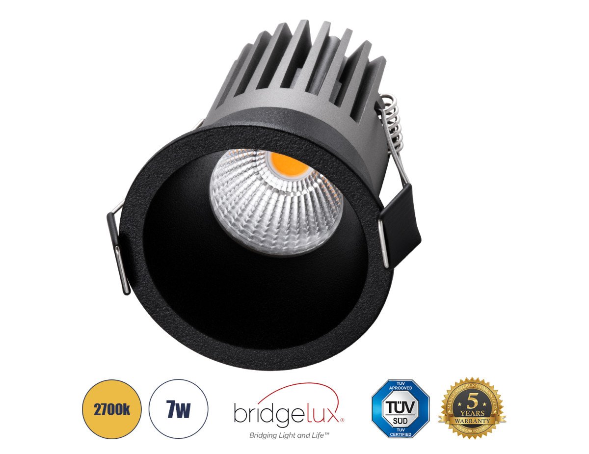 GloboStar® MICRO-B 60245 Χωνευτό LED Spot Downlight TrimLess Φ6cm 7W 875lm 38° AC 220-240V IP20 Φ6 x Υ7.8cm - Στρόγγυλο - Μαύρο - Θερμό Λευκό 2700K - Bridgelux COB - 5 Years Warranty