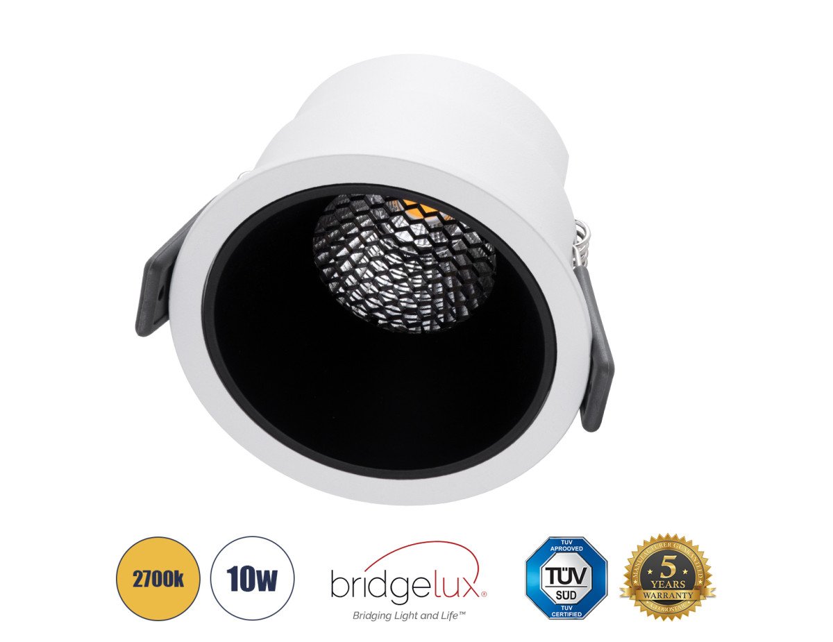 GloboStar® PLUTO-M 60253 Χωνευτό LED Spot Downlight TrimLess Φ8.4cm 10W 1250lm 38° AC 220-240V IP20 Φ8.4 x Υ5.9cm - Στρόγγυλο - Λευκό με Μαύρο Κάτοπτρο & Anti-Glare HoneyComb - Θερμό Λευκό 2700K - Bridgelux COB - 5 Years Warranty