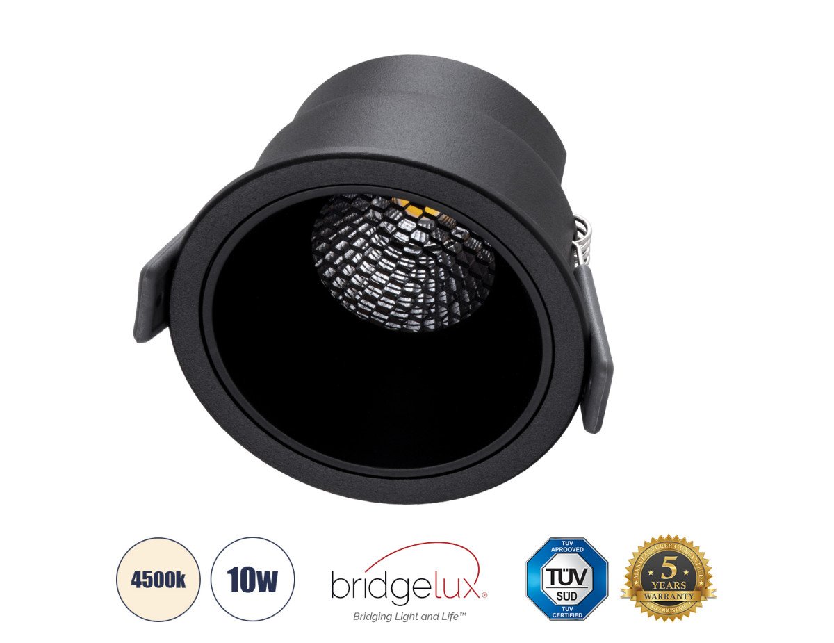 GloboStar® PLUTO-M 60256 Χωνευτό LED Spot Downlight TrimLess Φ8.4cm 10W 1300lm 38° AC 220-240V IP20 Φ8.4 x Υ5.9cm - Στρόγγυλο - Μαύρο & Anti-Glare HoneyComb - Φυσικό Λευκό 4500K - Bridgelux COB - 5 Years Warranty