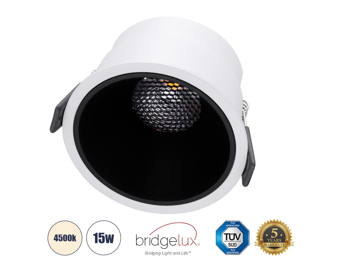 GloboStar® PLUTO-B 60258 Χωνευτό LED Spot Downlight TrimLess Φ10.4cm 15W 1950lm 38° AC 220-240V IP20 Φ10.4 x Υ6.5cm - Στρόγγυλο - Λευκό με Μαύρο Κάτοπτρο & Anti-Glare HoneyComb - Φυσικό Λευκό 4500K - Bridgelux COB - 5 Years Warranty