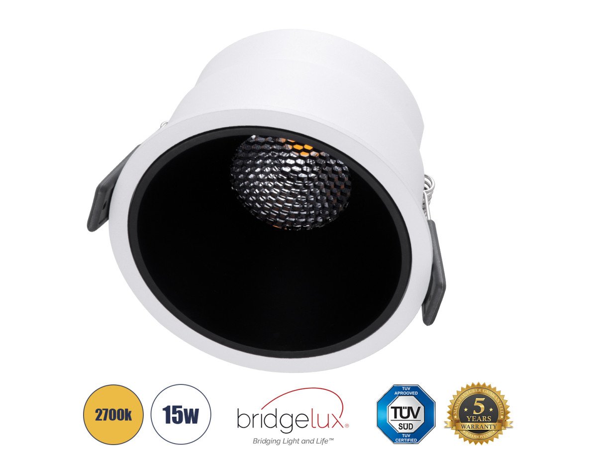 GloboStar® PLUTO-B 60259 Χωνευτό LED Spot Downlight TrimLess Φ10.4cm 15W 1875lm 38° AC 220-240V IP20 Φ10.4 x Υ6.5cm - Στρόγγυλο - Λευκό με Μαύρο Κάτοπτρο & Anti-Glare HoneyComb - Θερμό Λευκό 2700K - Bridgelux COB - 5 Years Warranty