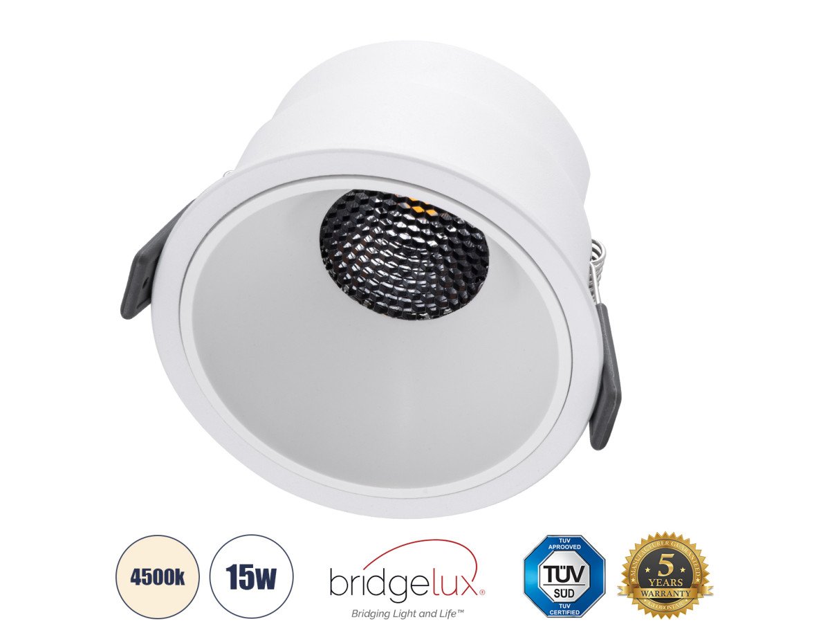 GloboStar® PLUTO-B 60260 Χωνευτό LED Spot Downlight TrimLess Φ10.4cm 15W 1950lm 38° AC 220-240V IP20 Φ10.4 x Υ6.5cm - Στρόγγυλο - Λευκό & Anti-Glare HoneyComb - Φυσικό Λευκό 4500K - Bridgelux COB - 5 Years Warranty