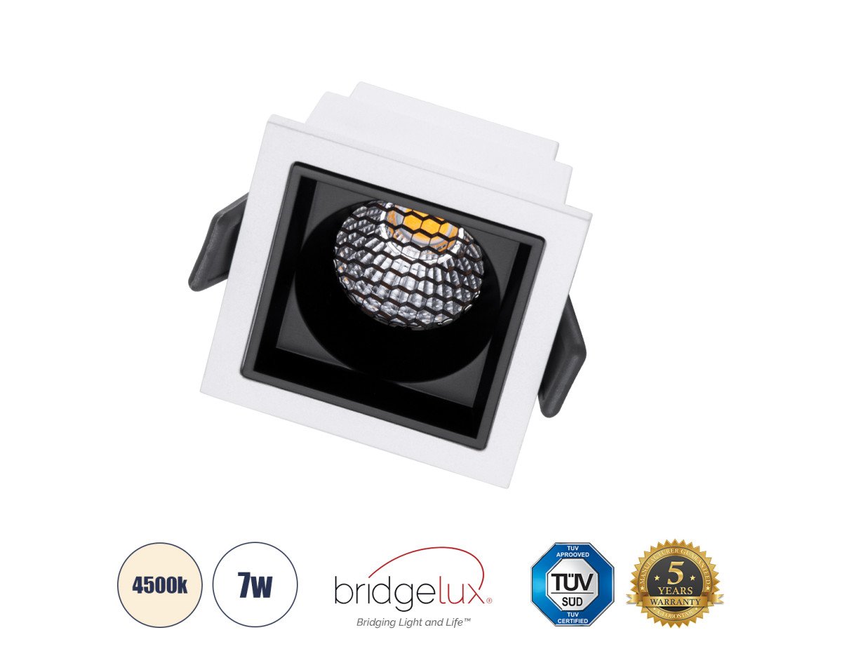 GloboStar® PLUTO-S 60264 Χωνευτό LED Spot Downlight TrimLess Μ6.4xΠ6.4cm 7W 910lm 38° AC 220-240V IP20 Μ6.4 x Π6.4 x Υ4.9cm - Τετράγωνο - Λευκό με Μαύρο Κάτοπτρο & Anti-Glare HoneyComb - Φυσικό Λευκό 4500K - Bridgelux COB - 5 Years Warranty