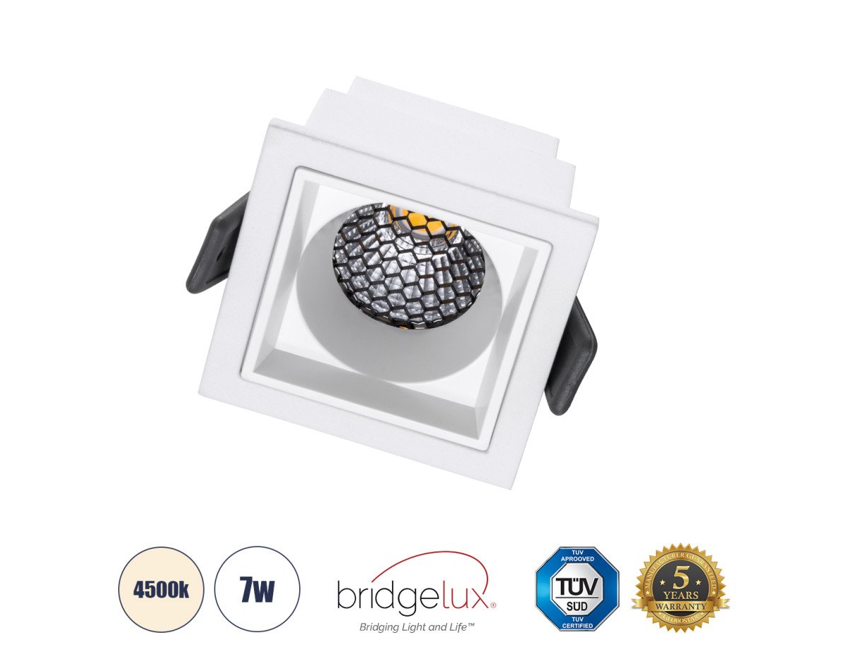 GloboStar® PLUTO-S 60266 Χωνευτό LED Spot Downlight TrimLess Μ6.4xΠ6.4cm 7W 910lm 38° AC 220-240V IP20 Μ6.4 x Π6.4 x Υ4.9cm - Τετράγωνο - Λευκό & Anti-Glare HoneyComb - Φυσικό Λευκό 4500K - Bridgelux COB - 5 Years Warranty