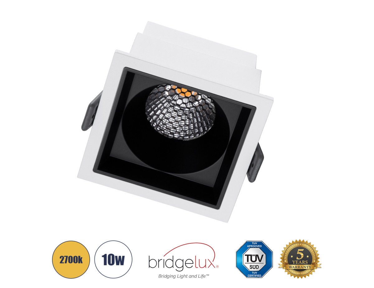 GloboStar® PLUTO-M 60271 Χωνευτό LED Spot Downlight TrimLess Μ8.4xΠ8.4cm 10W 1250lm 38° AC 220-240V IP20 Μ8.4 x Π8.4 x Υ5.9cm - Τετράγωνο - Λευκό με Μαύρο Κάτοπτρο & Anti-Glare HoneyComb - Θερμό Λευκό 2700K - Bridgelux COB - 5 Years Warranty