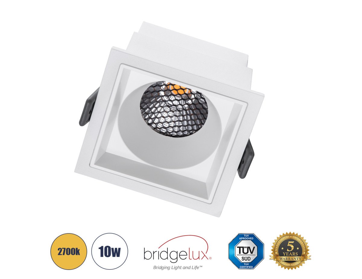 GloboStar® PLUTO-M 60273 Χωνευτό LED Spot Downlight TrimLess Μ8.4xΠ8.4cm 10W 1250lm 38° AC 220-240V IP20 Μ8.4 x Π8.4 x Υ5.9cm - Τετράγωνο - Λευκό & Anti-Glare HoneyComb - Θερμό Λευκό 2700K - Bridgelux COB - 5 Years Warranty