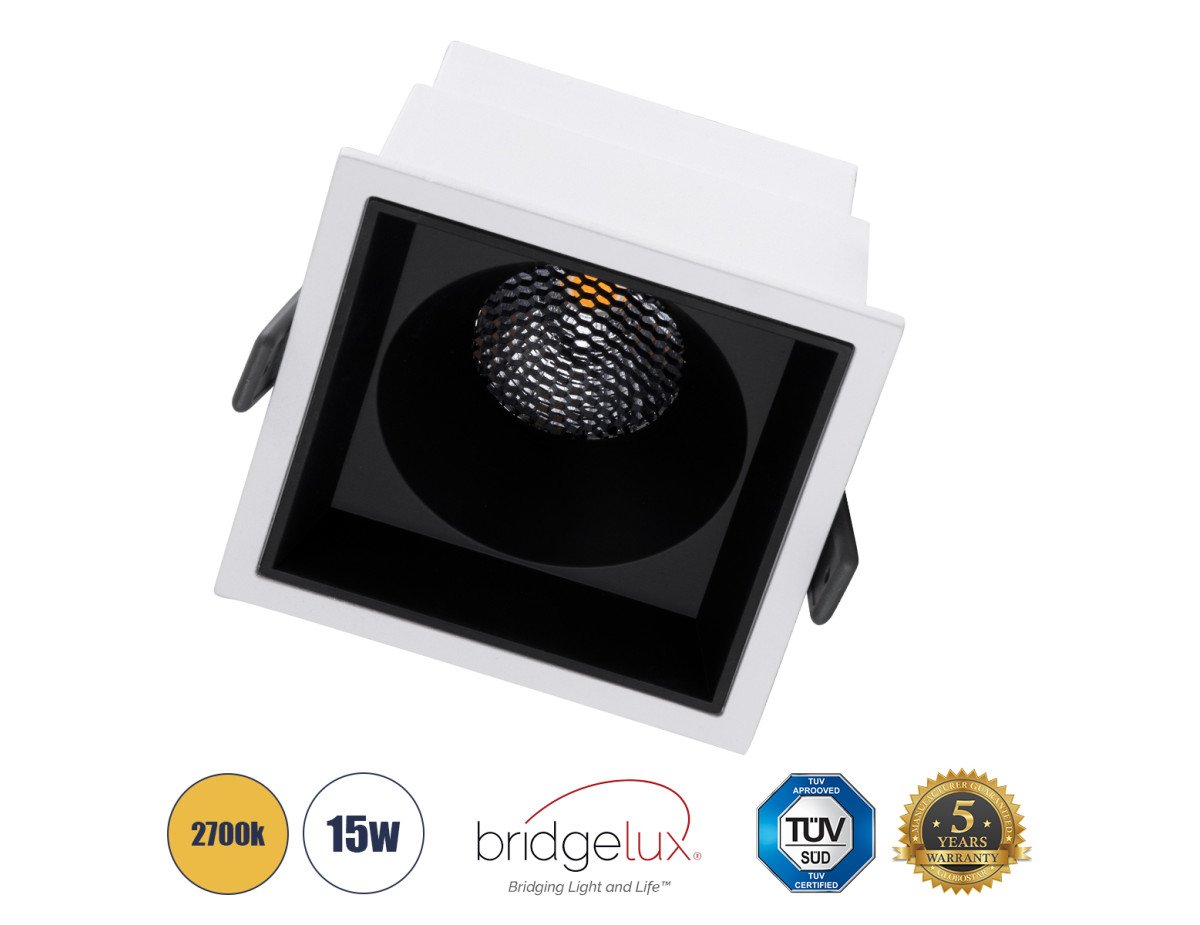 GloboStar® PLUTO-B 60277 Χωνευτό LED Spot Downlight TrimLess Μ10.4xΠ10.4cm 15W 1875lm 38° AC 220-240V IP20 Μ10.4 x Π10.4 x Υ6.5cm - Τετράγωνο - Λευκό με Μαύρο Κάτοπτρο & Anti-Glare HoneyComb - Θερμό Λευκό 2700K - Bridgelux COB - 5 Years Warranty