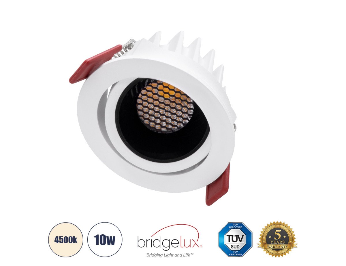 GloboStar® LEO-R 60282 Χωνευτό LED Spot Downlight TrimLess Φ8.5cm 10W 1300lm 38° AC 220-240V IP20 Φ8.5 x Υ6.6cm - Στρόγγυλο - Κινούμενο - Λευκό με Μαύρο Κάτοπτρο & Anti-Glare HoneyComb - Φυσικό Λευκό 4500K - Bridgelux COB - 5 Years Warranty