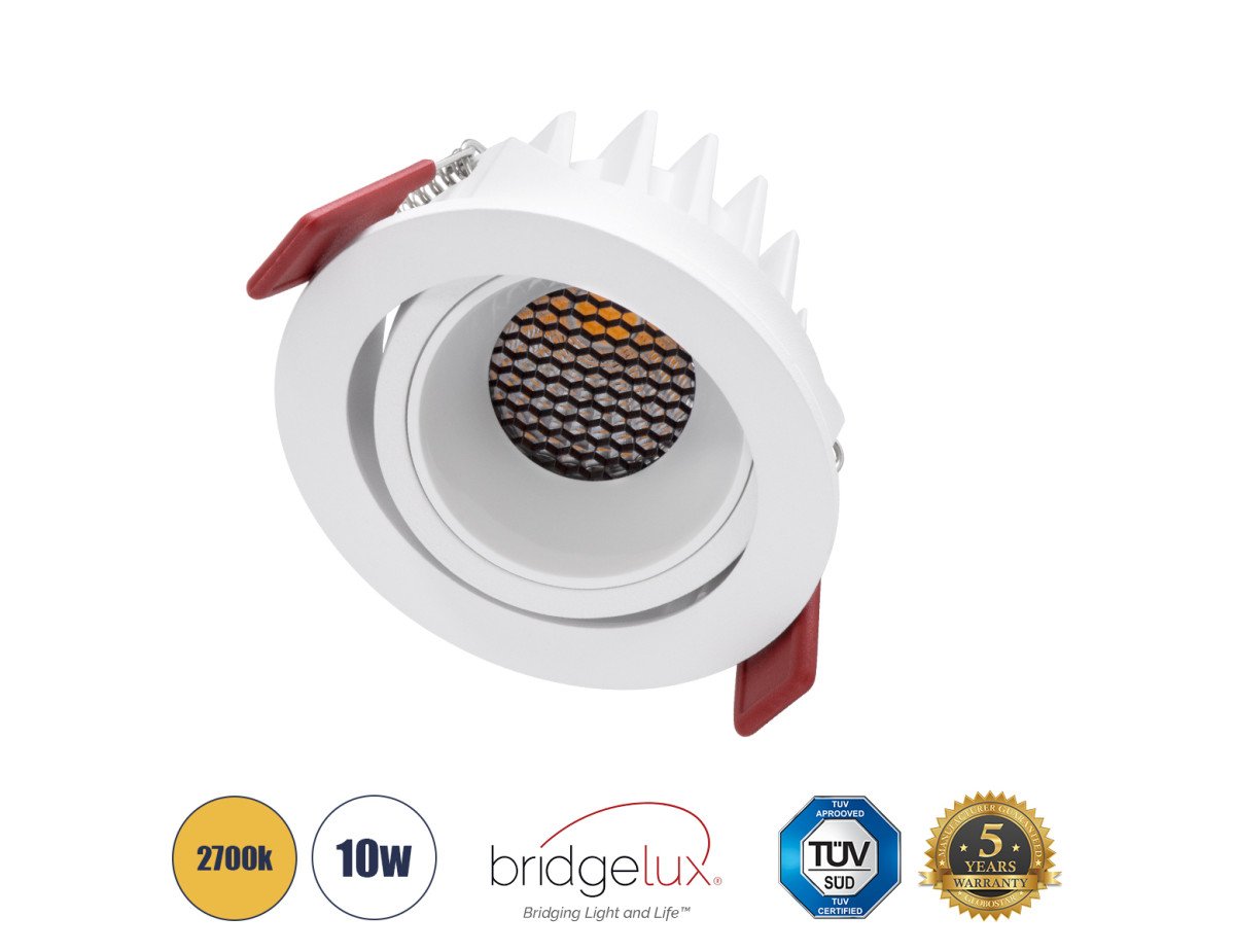 GloboStar® LEO-R 60285 Χωνευτό LED Spot Downlight TrimLess Φ8.5cm 10W 1250lm 38° AC 220-240V IP20 Φ8.5 x Υ6.6cm - Στρόγγυλο - Κινούμενο - Λευκό & Anti-Glare HoneyComb - Θερμό Λευκό 2700K - Bridgelux COB - 5 Years Warranty