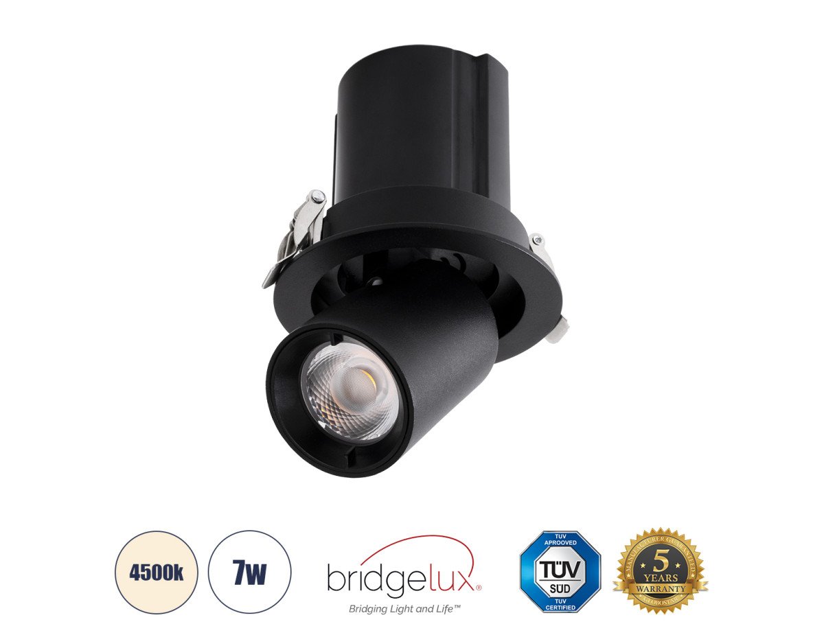 GloboStar® VIRGO-S 60304 Χωνευτό LED Spot Downlight TrimLess Φ9cm 7W 910lm 36° AC 220-240V IP20 Φ9cm x Υ9cm - Στρόγγυλο - Μαύρο - Φυσικό Λευκό 4500K - Bridgelux COB - 5 Years Warranty