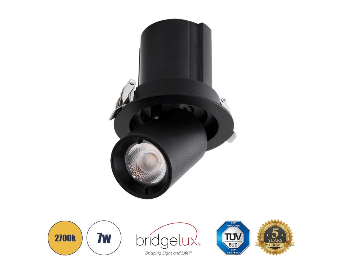 GloboStar® VIRGO-S 60305 Χωνευτό LED Spot Downlight TrimLess Φ9cm 7W 875lm 36° AC 220-240V IP20 Φ9cm x Υ9cm - Στρόγγυλο - Μαύρο - Θερμό Λευκό 2700K - Bridgelux COB - 5 Years Warranty