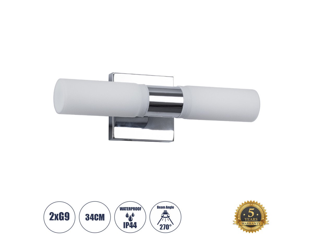 GloboStar® ANAIS 60410 Μοντέρνο Φωτιστικό Τοίχου - Απλίκα Καθρέπτη Μπάνιου - Πίνακα 2 x G9 270° AC 220-240V IP44 Μ34 x Π12 x Υ11cm - Χρώμιο Νίκελ - 5 Years Warranty