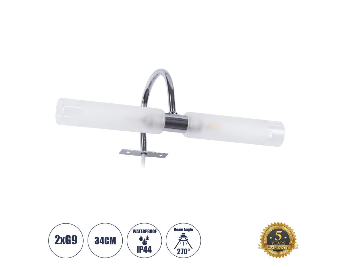 GloboStar® FLORA 60414 Μοντέρνο Φωτιστικό Τοίχου - Απλίκα Καθρέπτη Μπάνιου - Πίνακα 2 x G9 270° AC 220-240V IP44 Μ31 x Π13 x Υ12cm - Χρώμιο Νίκελ - 5 Years Warranty