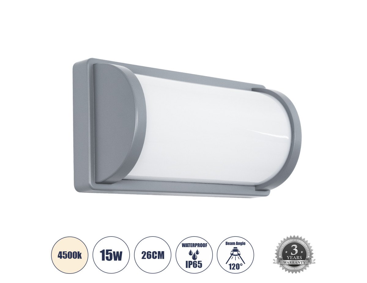 GLOBOSTAR® CELESTIAL 60695 Φωτιστικό Τοίχου - Απλίκα Εσωτερικού/Εξωτερικού Χώρου LED 15W 1575lm 120° AC175-265V Αδιάβροχο IP65 - Πλαστικό Σώμα - Φυσικό λευκό 4500K - Μ26 x Π9 x Υ13.5cm - Γκρι - Bridgelux Chip - 3 Χρόνια Εγγύηση