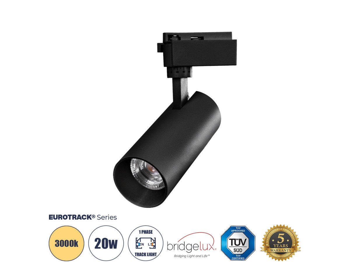 Globostar BEAMTRACK 60811 Μονοφασικό Φωτιστικό Σποτ Ράγας LED  20W 230V 2400lm 30° Acrylic HQ LENS AC 220-240V IP20 Φ6.2 x Υ15.8 cm Θερμό Λευκό 3000k - EUROTRACK® System 1L+1N - Μαύρο - Bridgelux Chip - TUV Certified Driver - 5 Χρόνια Εγγύηση