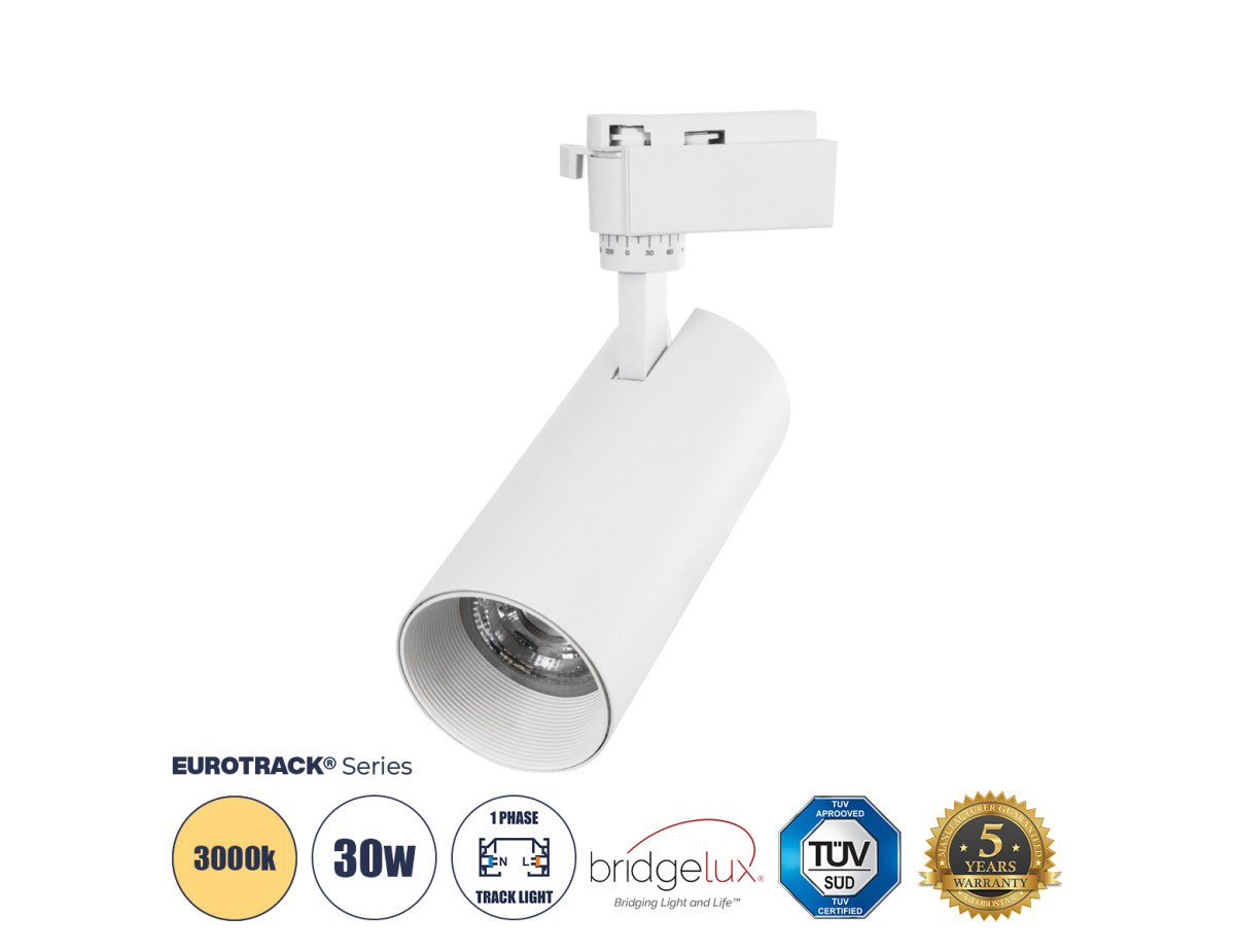 Globostar BEAMTRACK 60814 Μονοφασικό Φωτιστικό Σποτ Ράγας LED 30W 230V 3600lm 30° Acrylic HQ LENS AC 220-240V IP20 Φ7.4 x Υ17.9cm Θερμό Λευκό 3000k - EUROTRACK® System 1L+1N - Λευκό - Bridgelux Chip - TUV Certified Driver - 5 Χρόνια Εγγύηση