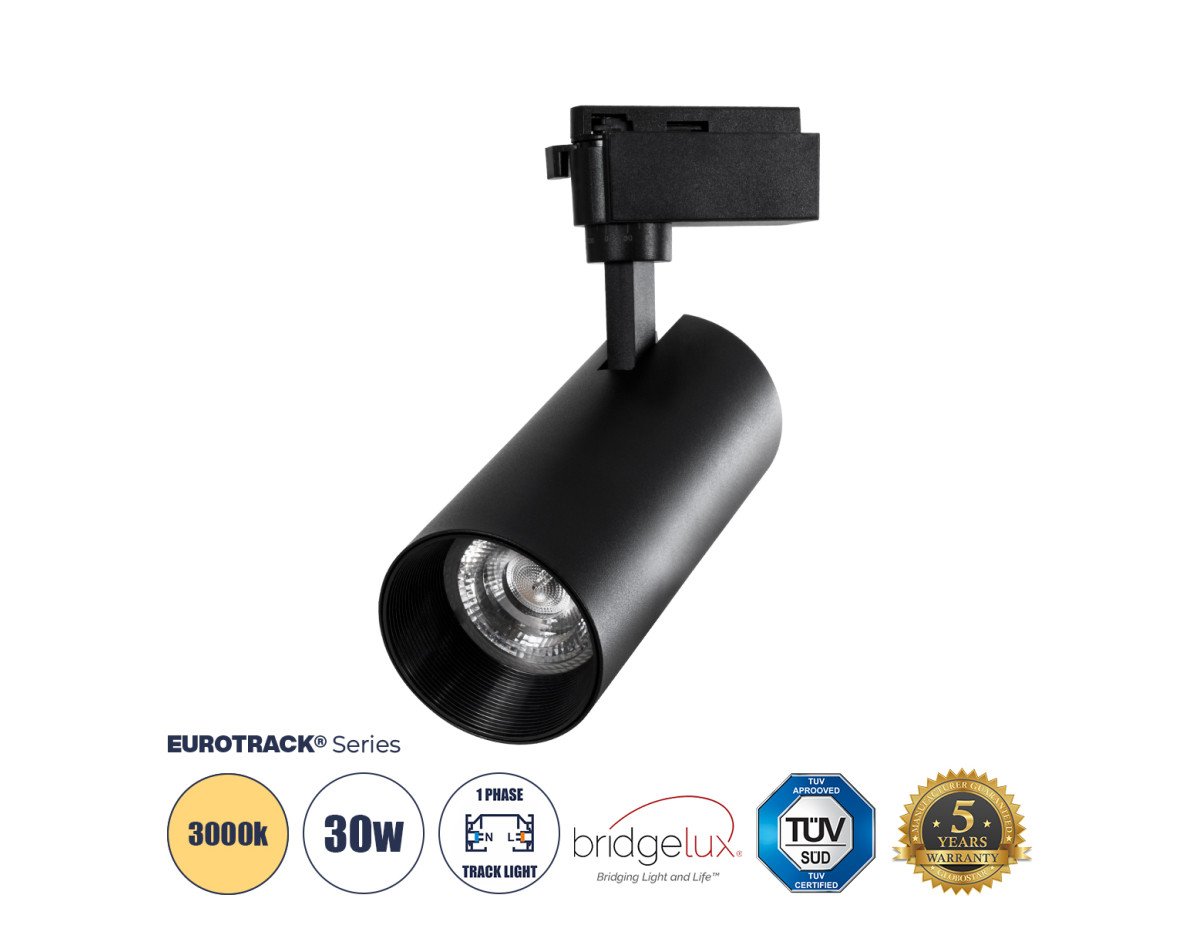 Globostar BEAMTRACK 60817 Μονοφασικό Φωτιστικό Σποτ Ράγας LED 30W 230V 3600lm 30° Acrylic HQ LENS AC 220-240V IP20 Φ7.4 x Υ17.9cm Θερμό Λευκό 3000k - EUROTRACK® System 1L+1N - Μαύρο - Bridgelux Chip - TUV Certified Driver - 5 Χρόνια Εγγύηση