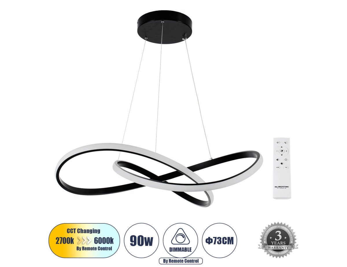 GloboStar® DEXTER 60913 Κρεμαστό Φωτιστικό Οροφής Design LED CCT 90W 10080lm 300° AC 220-240V - Εναλλαγή Φωτισμού μέσω Τηλεχειριστηρίου All In One Ψυχρό 6000k+Φυσικό 4500k+Θερμό 2700k Dimmable Φ73cm - Μαύρο - 3 Years Warranty