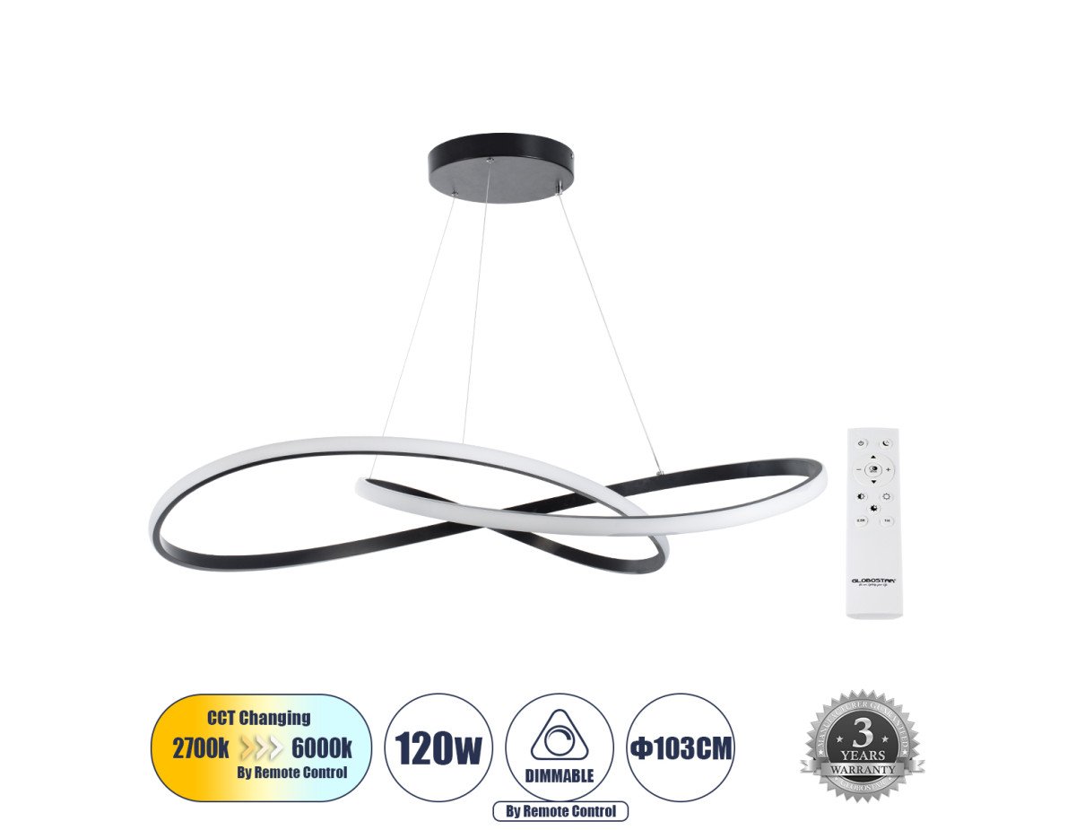 GloboStar® DEXTER 60917 Κρεμαστό Φωτιστικό Οροφής Design LED CCT 120W 13440lm 300° AC 220-240V - Εναλλαγή Φωτισμού μέσω Τηλεχειριστηρίου All In One Ψυχρό 6000k+Φυσικό 4500k+Θερμό 2700k Dimmable Φ103cm - Μαύρο - 3 Years Warranty