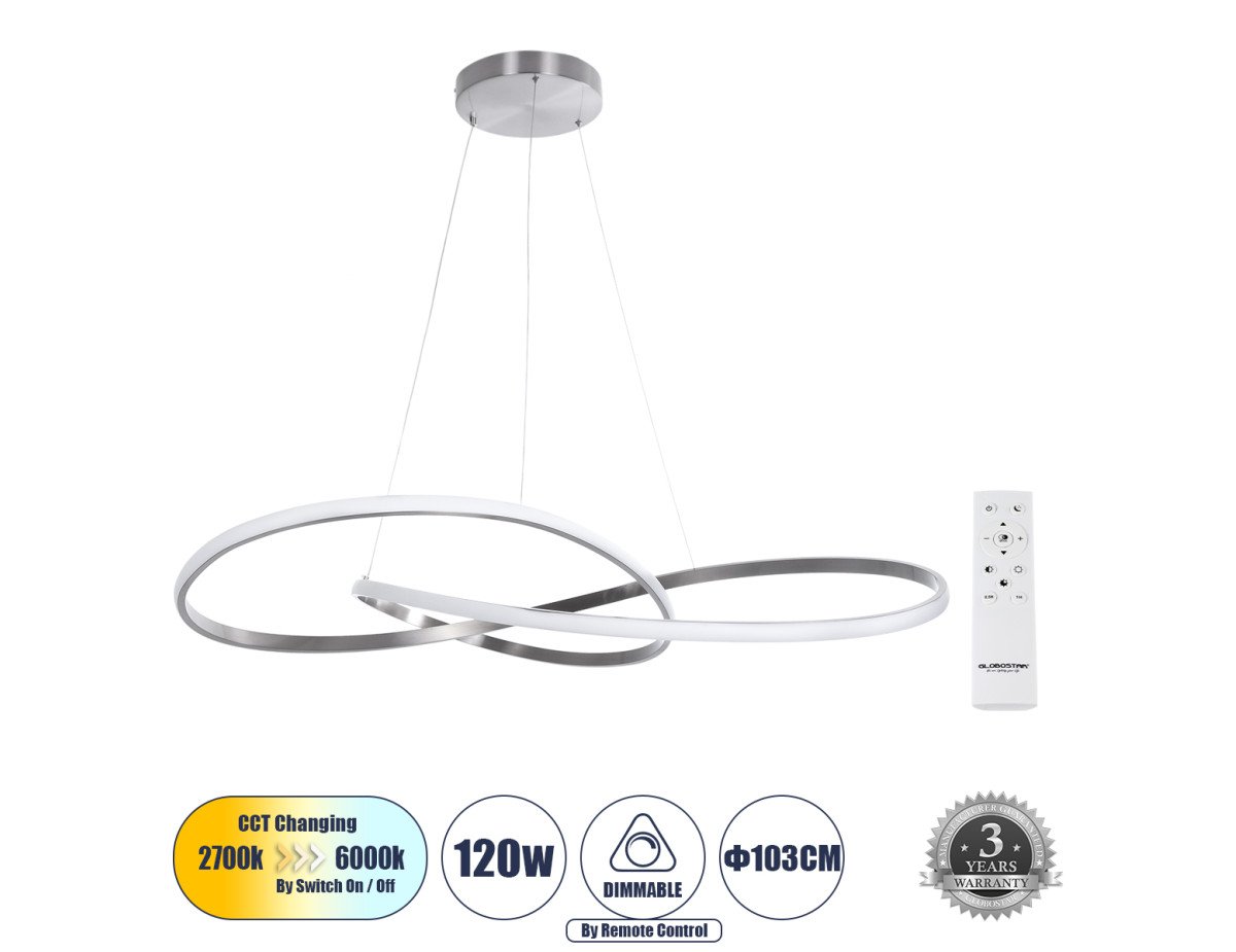 GloboStar® DEXTER 60919 Κρεμαστό Φωτιστικό Οροφής Design LED CCT 120W 13440lm 300° AC 220-240V - Εναλλαγή Φωτισμού μέσω Τηλεχειριστηρίου All In One Ψυχρό 6000k+Φυσικό 4500k+Θερμό 2700k Dimmable Φ103cm - Νίκελ Βούρτσας - 3 Years Warranty