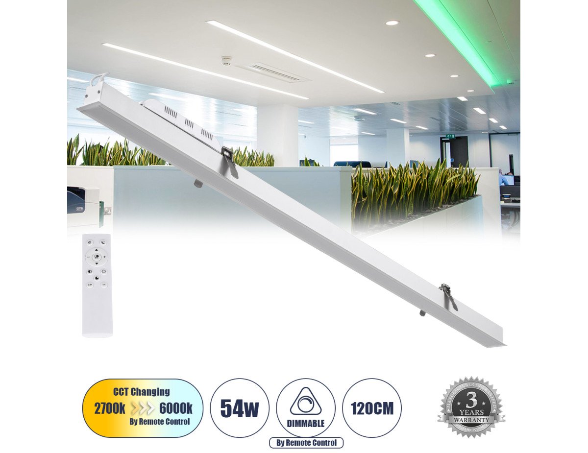 GloboStar® LUCA 61033 Γραμμικό Χωνευτό Φωτιστικό Linear LED CCT 54W 6500lm 120° AC 220-240V Μ121.5 x Π5 x Υ4cm - Εναλλαγή Φωτισμού μέσω Τηλεχειριστηρίου All In One Ψυχρό 6000k+Φυσικό 4500k+Θερμό 2700k Dimmable - Λευκό - 3 Years Warranty