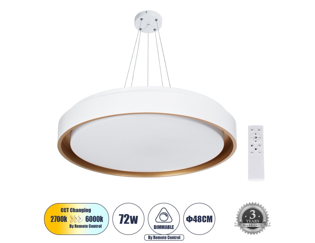 GloboStar® BARCHETTA 61048-P Κρεμαστή Πλαφονιέρα Οροφής LED CCT 72W 8306lm 120° AC 220-240V - Εναλλαγή Φωτισμού μέσω Τηλεχειριστηρίου All In One Ψυχρό 6000k+Φυσικό 4500k+Θερμό 2700k Dimmable Φ48cm - Λευκό με Χρυσό - 3 Years Warranty