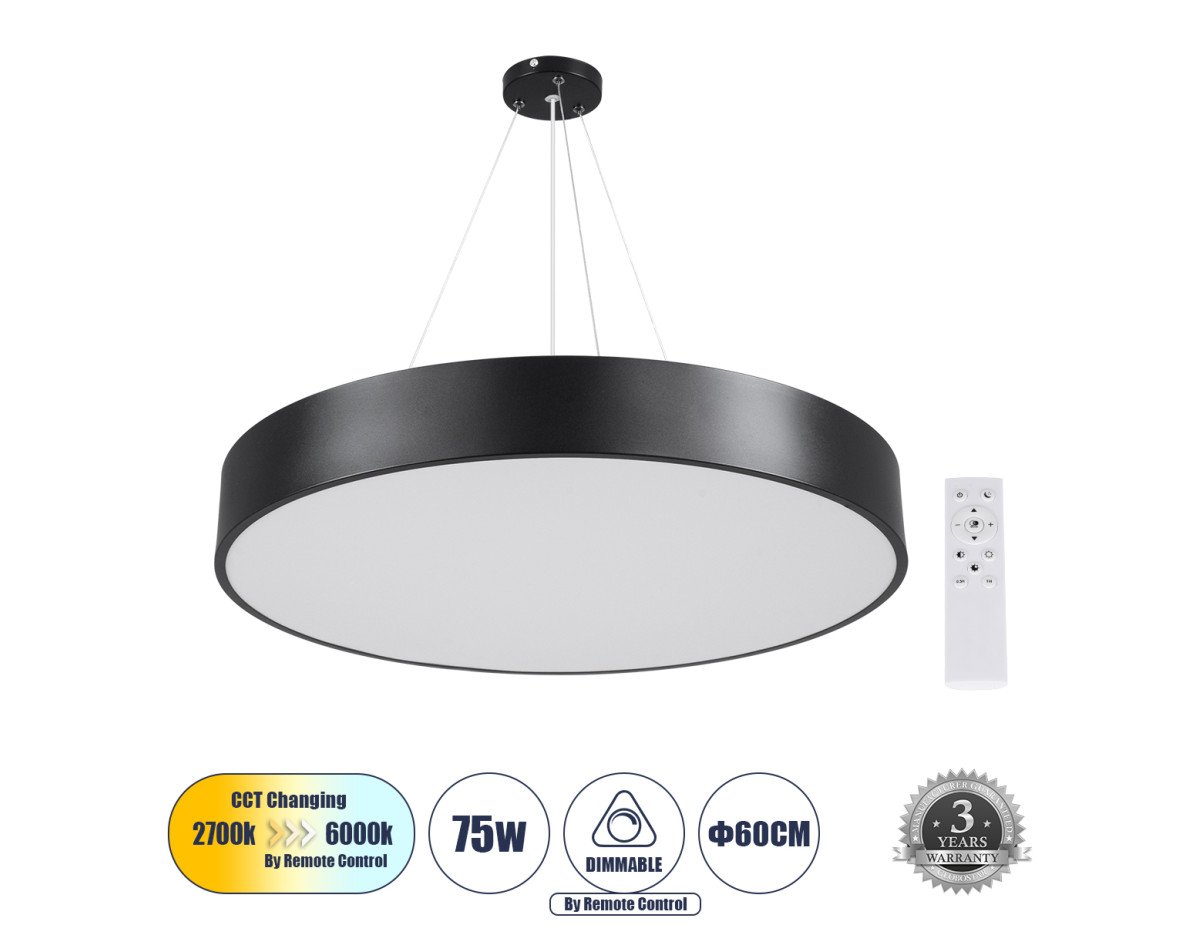 GloboStar® BURTON 61202-P Κρεμαστή Πλαφονιέρα Οροφής LED CCT 75W 8625lm 120° AC 220-240V - Εναλλαγή Φωτισμού μέσω Τηλεχειριστηρίου All In One Ψυχρό 6000k+Φυσικό 4500k+Θερμό 2700k Dimmable Φ60cm - Μαύρο - 3 Years Warranty