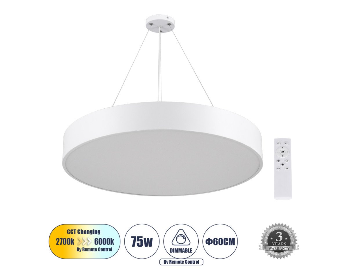 GloboStar® BURTON 61203-P Κρεμαστή Πλαφονιέρα Οροφής LED CCT 75W 8625lm 120° AC 220-240V - Εναλλαγή Φωτισμού μέσω Τηλεχειριστηρίου All In One Ψυχρό 6000k+Φυσικό 4500k+Θερμό 2700k Dimmable Φ60cm - Λευκό - 3 Years Warranty