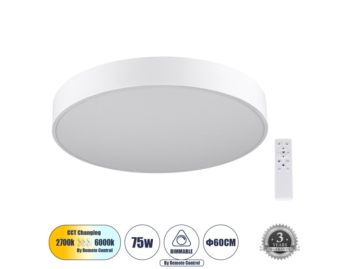 GloboStar® BURTON 61203-S Πλαφονιέρα Οροφής LED CCT 75W 8625lm 120° AC 220-240V - Εναλλαγή Φωτισμού μέσω Τηλεχειριστηρίου All In One Ψυχρό 6000k+Φυσικό 4500k+Θερμό 2700k Dimmable Φ60cm - Λευκό - 3 Years Warranty