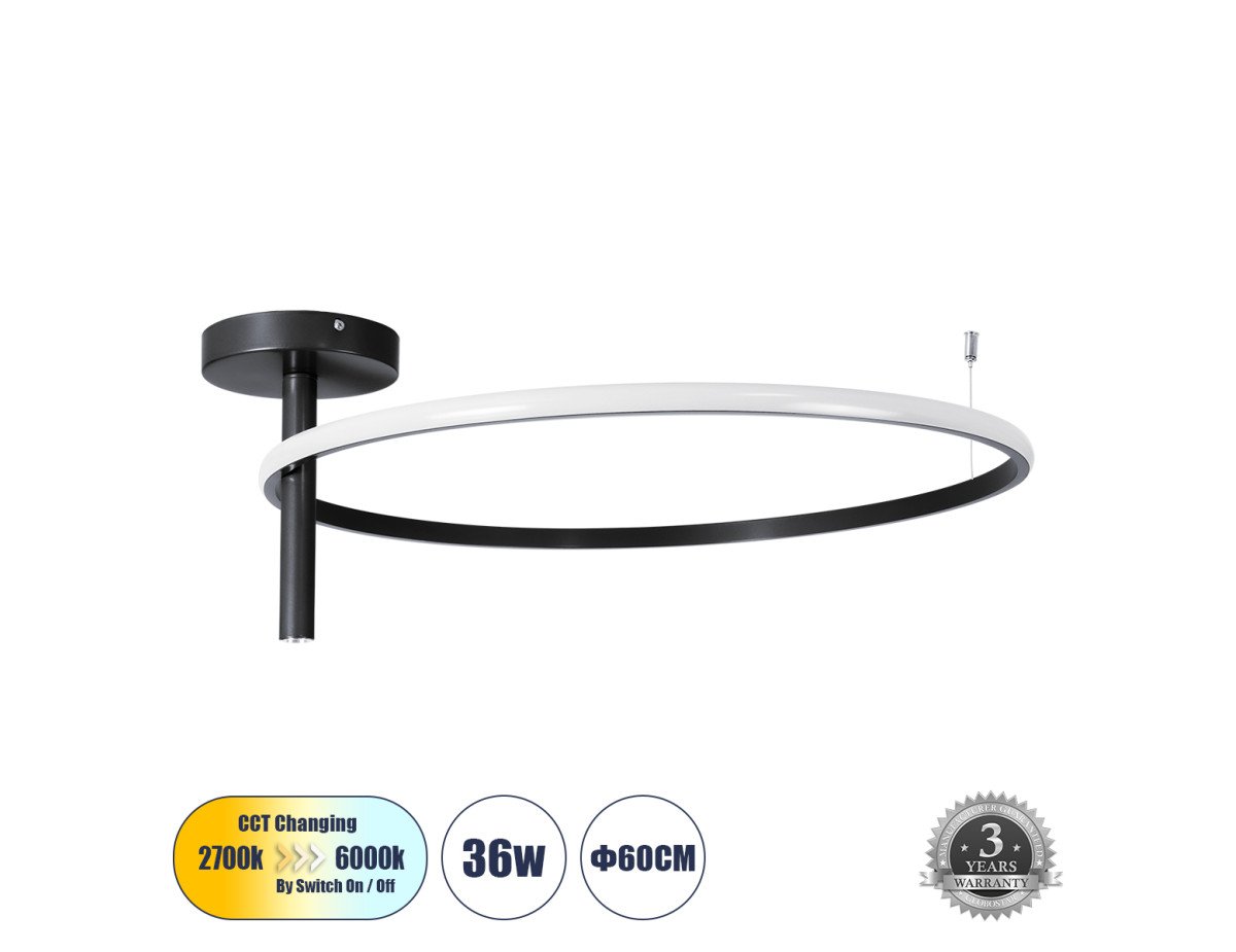 GloboStar® VERONA 61223 Φωτιστικό Οροφής Δαχτυλίδι-Κύκλος LED CCT 36W 4032lm 360° AC 220-240V - Εναλλαγή Φωτισμού μέσω Διακόπτη On/Off All In One Ψυχρό 6000k+Φυσικό 4500k+Θερμό 2700K Φ60 x Υ23cm - Μαύρο - 3 Χρόνια Εγγύηση