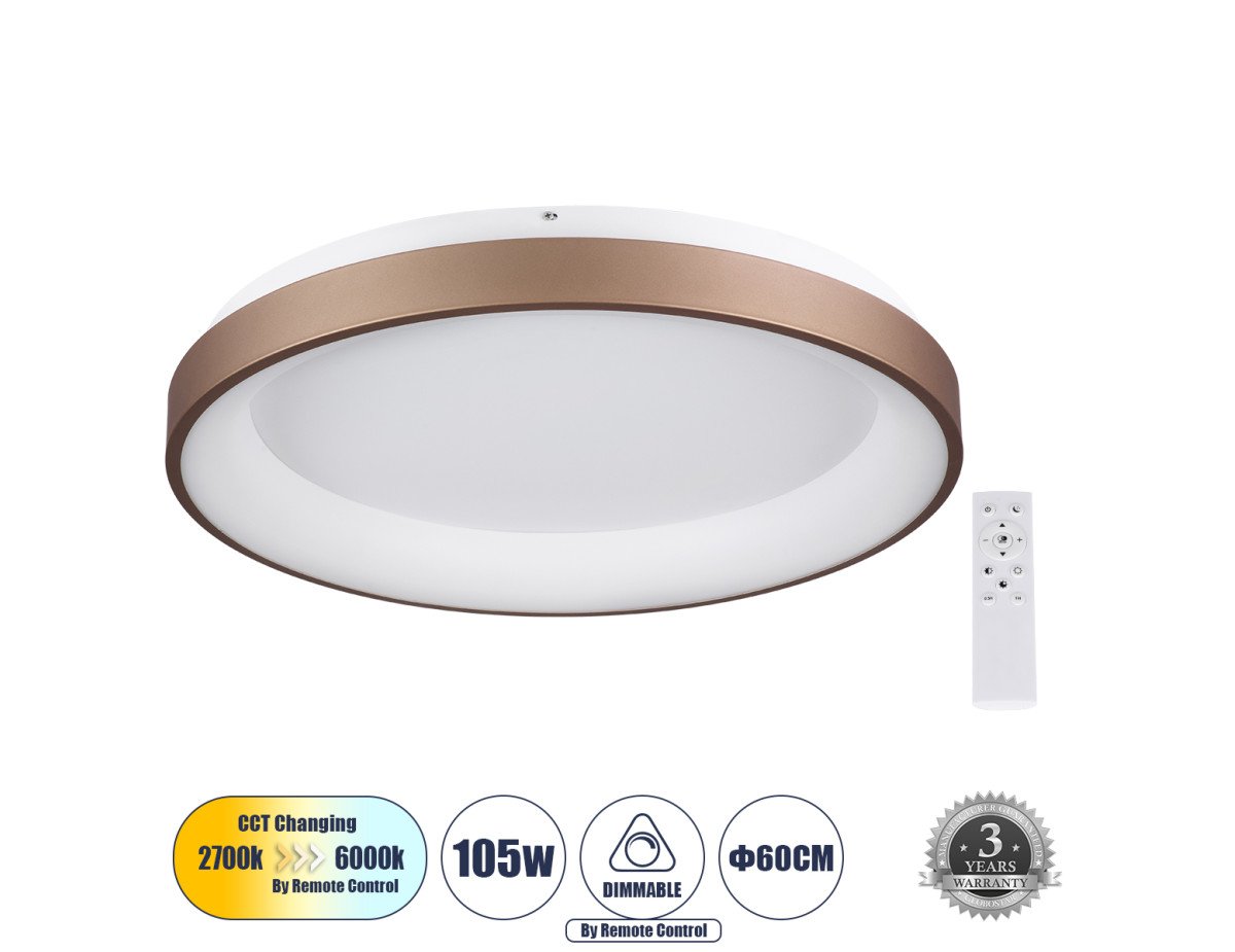 GloboStar® SALEM 61240 Πλαφονιέρα Οροφής Δαχτυλίδι-Κύκλος LED CCT 105W 12075lm 120° AC 220-240V - Εναλλαγή Φωτισμού μέσω Τηλεχειριστηρίου All In One Ψυχρό 6000k+Φυσικό 4500k+Θερμό 2700k Dimmable Φ60cm - Καφέ Χάλκινο - 3 Years Warranty