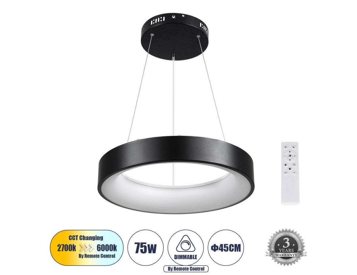 GloboStar® SALEM 61241 Κρεμαστή Πλαφονιέρα Οροφής Δαχτυλίδι-Κύκλος LED CCT 75W 8625lm 120° AC 220-240V - Εναλλαγή Φωτισμού μέσω Τηλεχειριστηρίου All In One Ψυχρό 6000k+Φυσικό 4500k+Θερμό 2700k Dimmable Φ45cm - Μαύρο - 3 Years Warranty