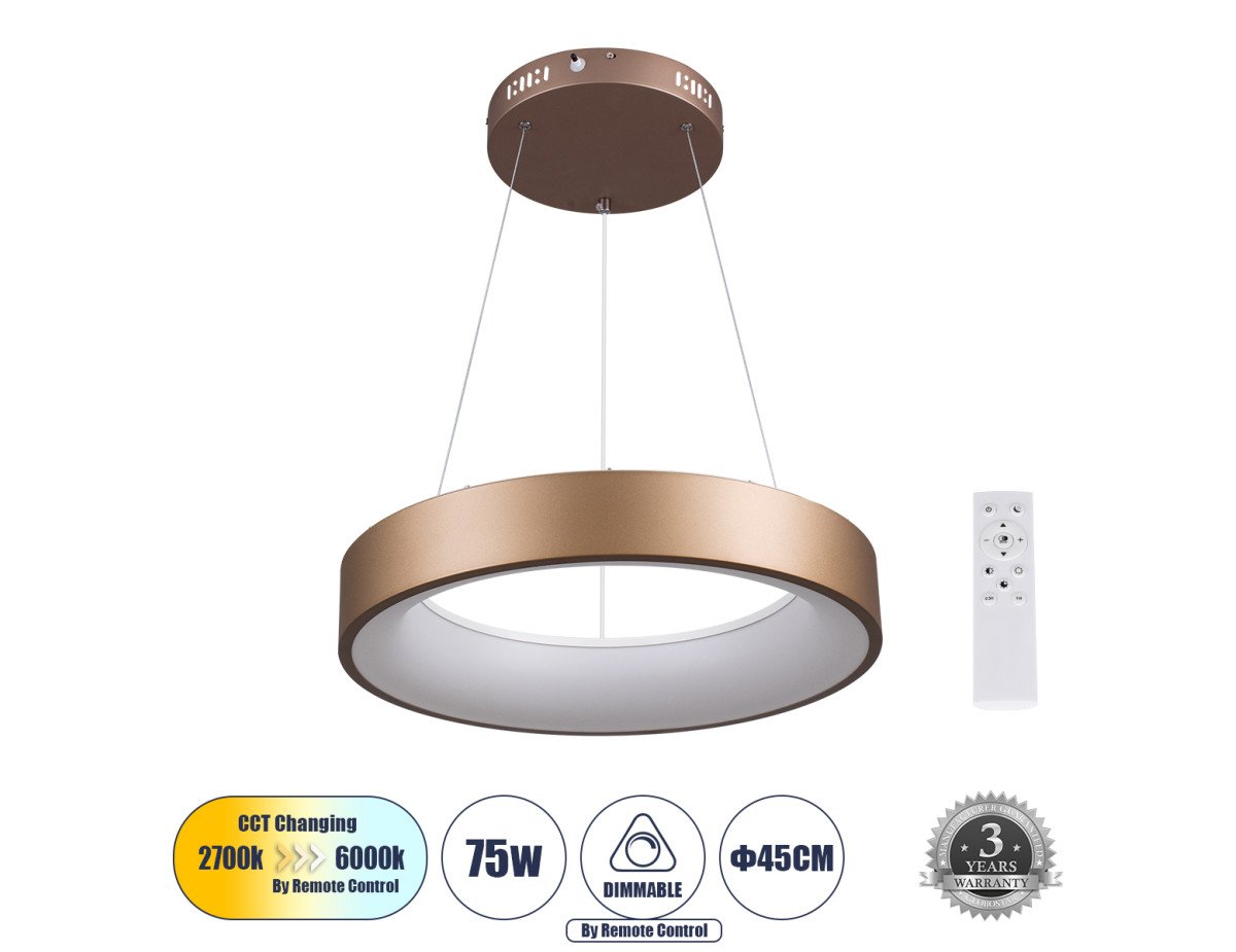 GloboStar® SALEM 61244 Κρεμαστή Πλαφονιέρα Οροφής Δαχτυλίδι-Κύκλος LED CCT 75W 8625lm 120° AC 220-240V - Εναλλαγή Φωτισμού μέσω Τηλεχειριστηρίου All In One Ψυχρό 6000k+Φυσικό 4500k+Θερμό 2700k Dimmable Φ45cm - Καφέ Χάλκινο - 3 Years Warranty