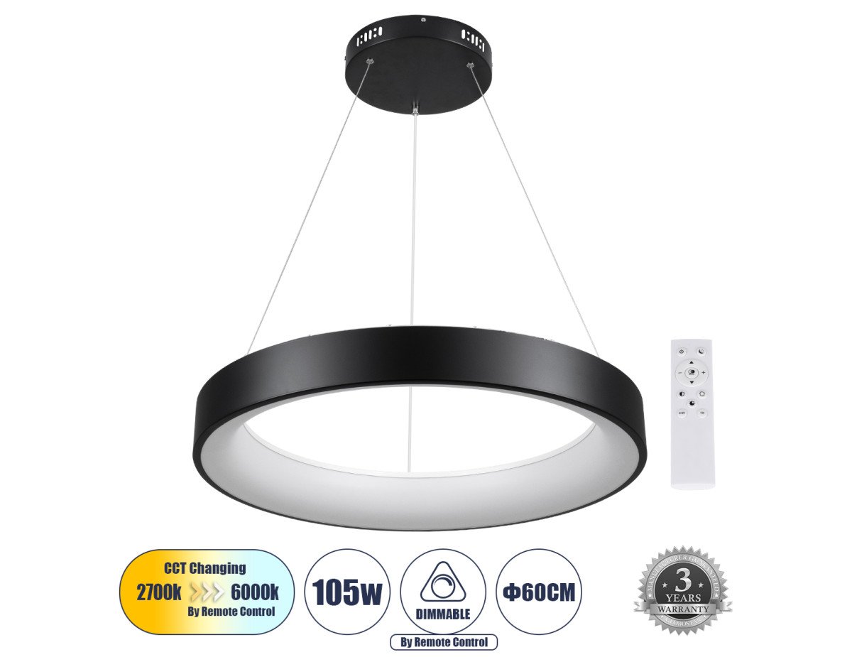 GloboStar® SALEM 61245 Κρεμαστή Πλαφονιέρα Οροφής Δαχτυλίδι-Κύκλος LED CCT 105W 12075lm 120° AC 220-240V - Εναλλαγή Φωτισμού μέσω Τηλεχειριστηρίου All In One Ψυχρό 6000k+Φυσικό 4500k+Θερμό 2700k Dimmable Φ60cm - Μαύρο - 3 Years Warranty