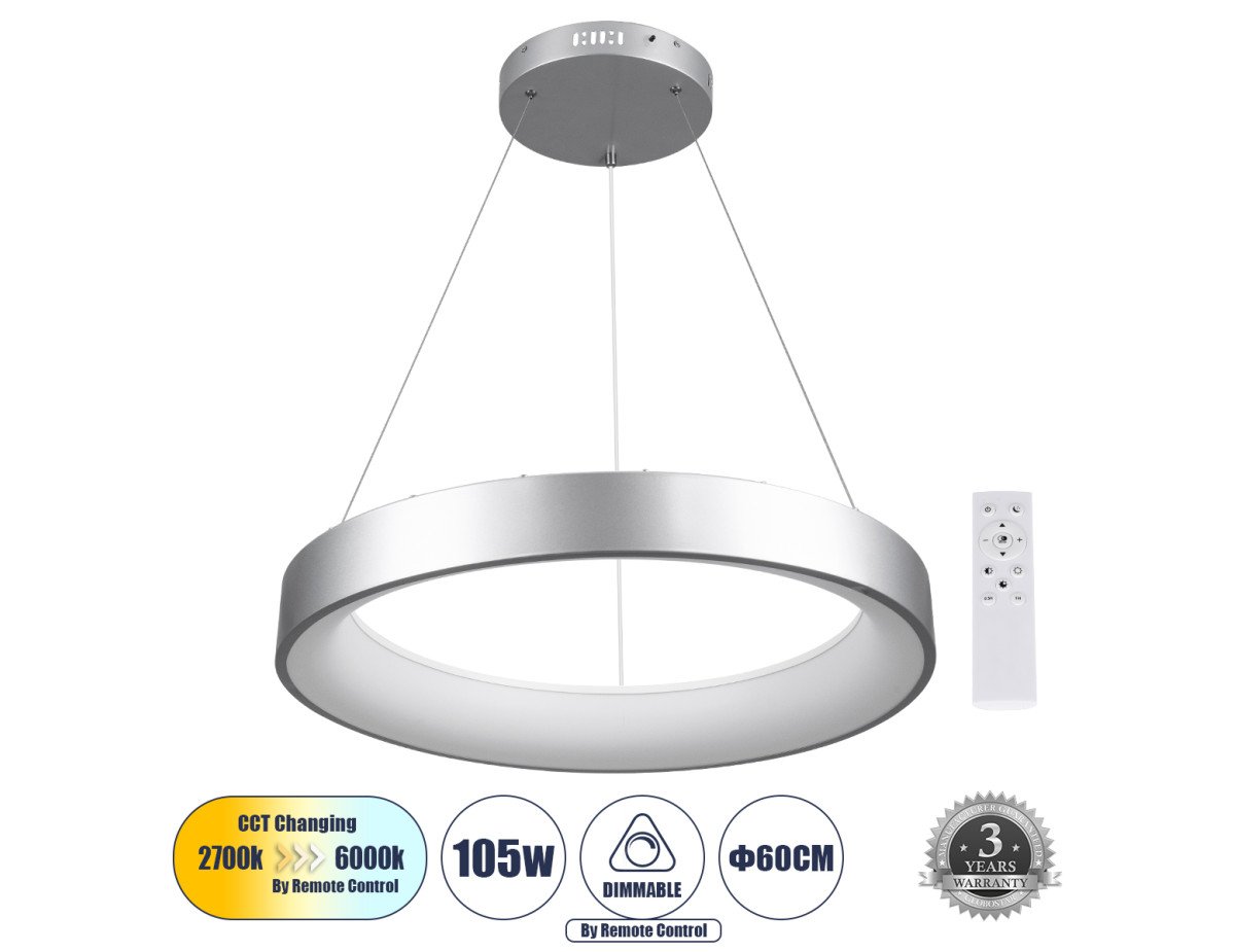 GloboStar® SALEM 61246 Κρεμαστή Πλαφονιέρα Οροφής Δαχτυλίδι-Κύκλος LED CCT 105W 12075lm 120° AC 220-240V - Εναλλαγή Φωτισμού μέσω Τηλεχειριστηρίου All In One Ψυχρό 6000k+Φυσικό 4500k+Θερμό 2700k Dimmable Φ60cm - Ασημί - 3 Years Warranty