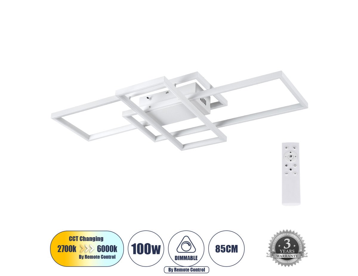 GloboStar® QUADRA 61386 Φωτιστικό Οροφής Design LED CCT 100W 12000lm 120° AC 220-240V - Εναλλαγή Φωτισμού μέσω Τηλεχειριστηρίου All In One Ψυχρό 6000k+Φυσικό 4500k+Θερμό 2700k Dimmable Μ85 x Π45 x Υ9cm - Λευκό - 3 Years Warranty