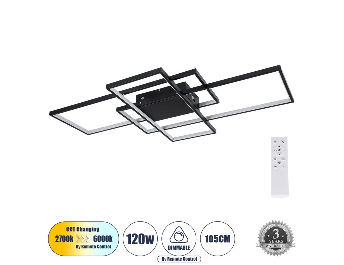 GloboStar® QUADRA 61388 Φωτιστικό Οροφής Design LED CCT 120W 14400lm 120° AC 220-240V - Εναλλαγή Φωτισμού μέσω Τηλεχειριστηρίου All In One Ψυχρό 6000k+Φυσικό 4500k+Θερμό 2700k Dimmable Μ105 x Π60 x Υ19cm - Μαύρο - 3 Years Warranty