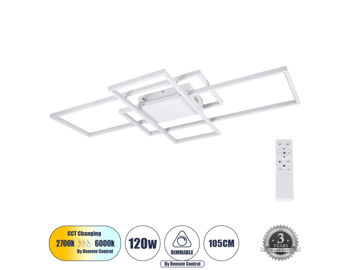 GloboStar® QUADRA 61389 Φωτιστικό Οροφής Design LED CCT 120W 14400lm 120° AC 220-240V - Εναλλαγή Φωτισμού μέσω Τηλεχειριστηρίου All In One Ψυχρό 6000k+Φυσικό 4500k+Θερμό 2700k Dimmable Μ105 x Π60 x Υ19cm - Λευκό - 3 Years Warranty