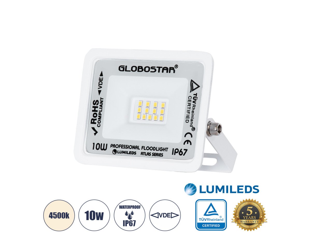 GloboStar® ATLAS 61405 Επαγγελματικός Προβολέας LED 10W 1200lm 120° AC 220-240V - Αδιάβροχος IP67 - Μ10 x Π2 x Υ8cm - Λευκό - Φυσικό Λευκό 4500K - LUMILEDS Chips - TÜV Rheinland Certified - 5 Years Warranty