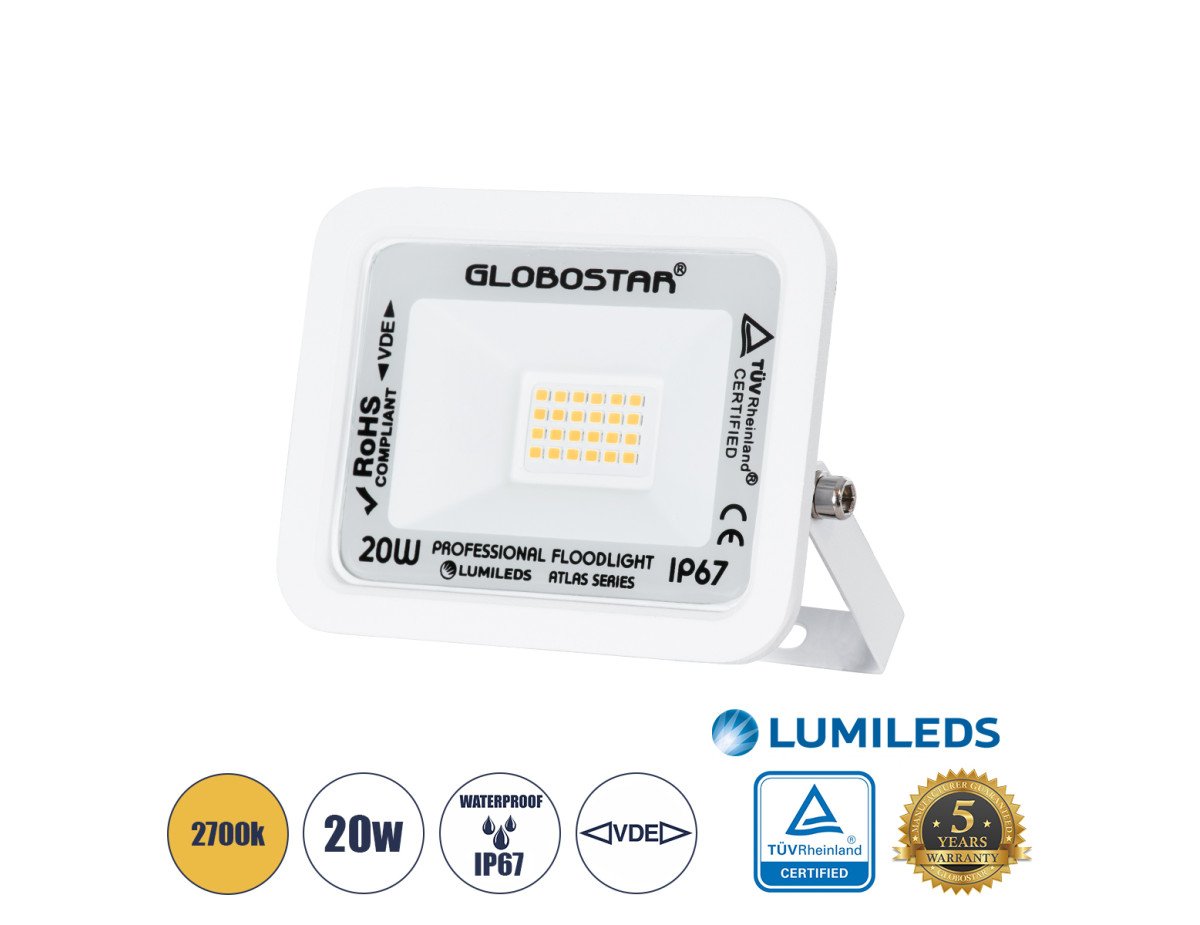 GloboStar® ATLAS 61409 Επαγγελματικός Προβολέας LED 20W 2300lm 120° AC 220-240V - Αδιάβροχος IP67 - Μ12 x Π2.5 x Υ9.5cm - Λευκό - Θερμό Λευκό 2700K - LUMILEDS Chips - TÜV Rheinland Certified - 5 Years Warranty