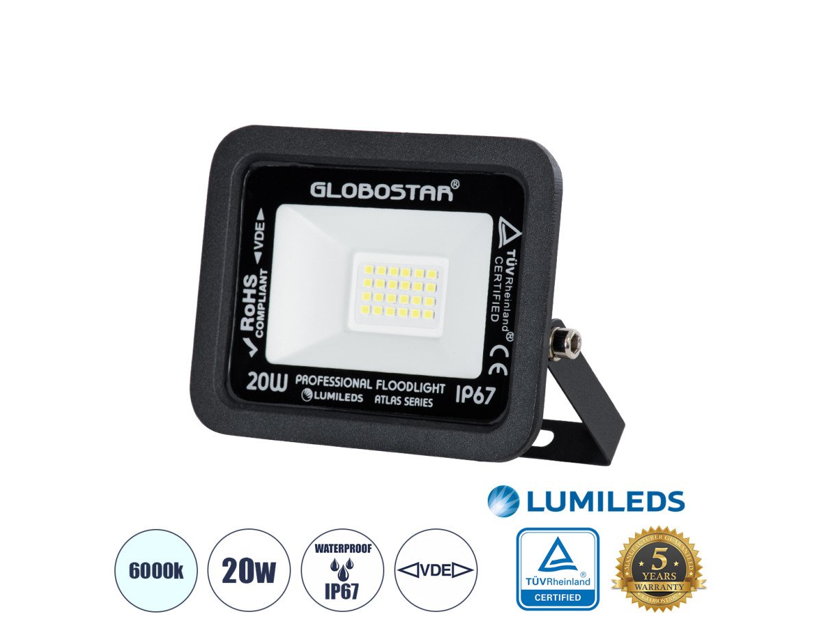 GloboStar® ATLAS 61410 Επαγγελματικός Προβολέας LED 20W 2500lm 120° AC 220-240V - Αδιάβροχος IP67 - Μ12 x Π2.5 x Υ9.5cm - Μαύρο - Ψυχρό Λευκό 6000K - LUMILEDS Chips - TÜV Rheinland Certified - 5 Years Warranty