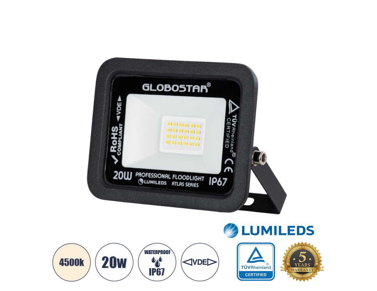 GloboStar® ATLAS 61411 Επαγγελματικός Προβολέας LED 20W 2400lm 120° AC 220-240V - Αδιάβροχος IP67 - Μ12 x Π2.5 x Υ9.5cm - Μαύρο - Φυσικό Λευκό 4500K - LUMILEDS Chips - TÜV Rheinland Certified - 5 Years Warranty