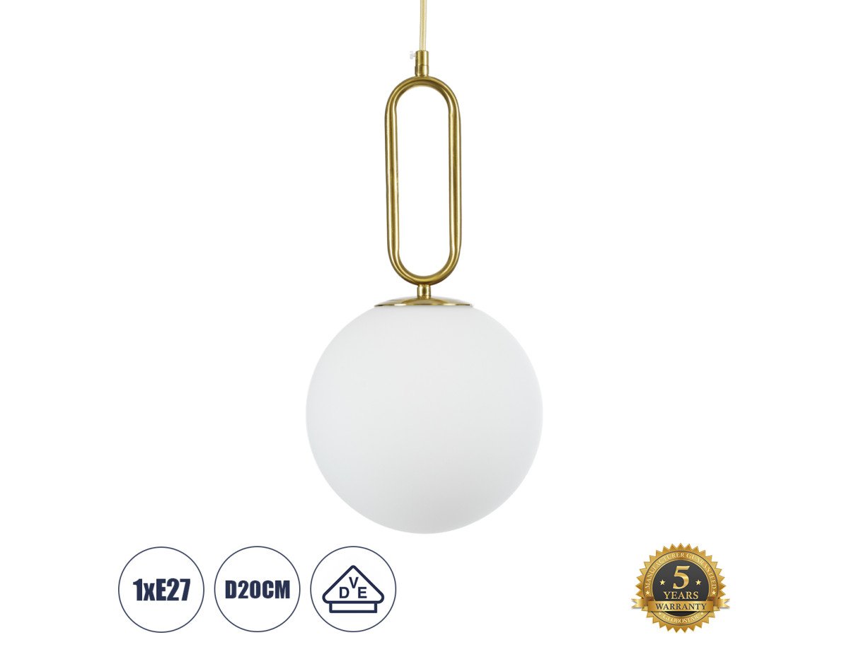 GloboStar® BELLISSIMO 61486 Μοντέρνο Κρεμαστό Φωτιστικό Οροφής Μονόφωτο 1 x E27 Γαλακτερή Γυάλινη Μπάλα με Μεταλλικό Επιχρυσωμενό Πλατίνα Σώμα Φ20 x Υ42cm