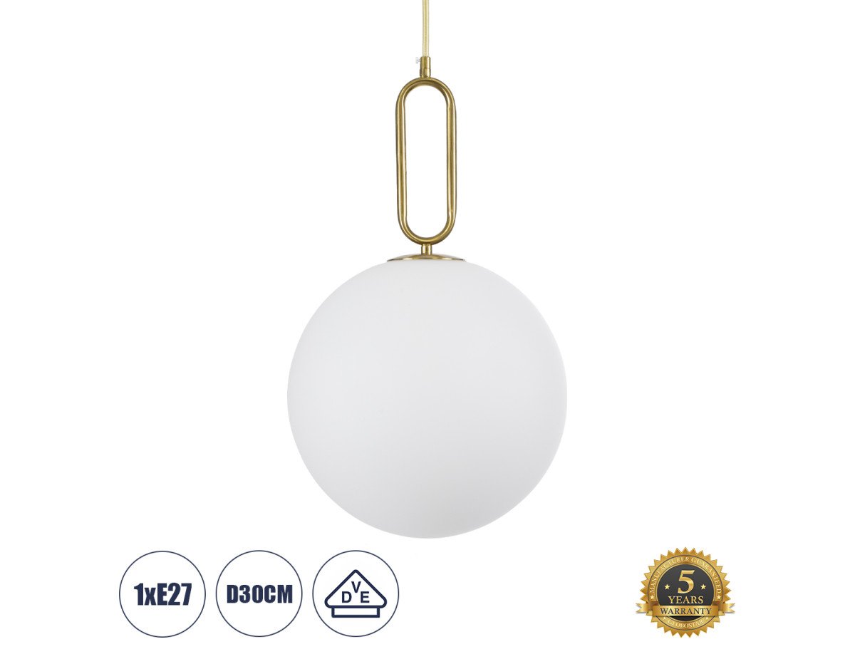 GloboStar® BELLISSIMO 61487 Μοντέρνο Κρεμαστό Φωτιστικό Οροφής Μονόφωτο 1 x E27 Γαλακτερή Γυάλινη Μπάλα με Μεταλλικό Επιχρυσωμενό Πλατίνα Σώμα Φ30 x Υ52cm