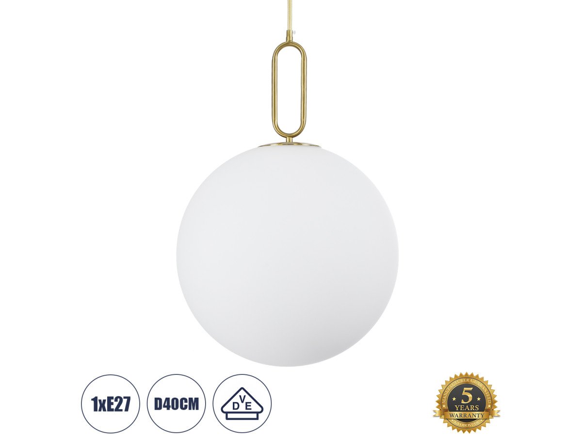 GloboStar® BELLISSIMO 61488 Μοντέρνο Κρεμαστό Φωτιστικό Οροφής Μονόφωτο 1 x E27 Γαλακτερή Γυάλινη Μπάλα με Μεταλλικό Επιχρυσωμενό Πλατίνα Σώμα Φ40 x Υ62cm