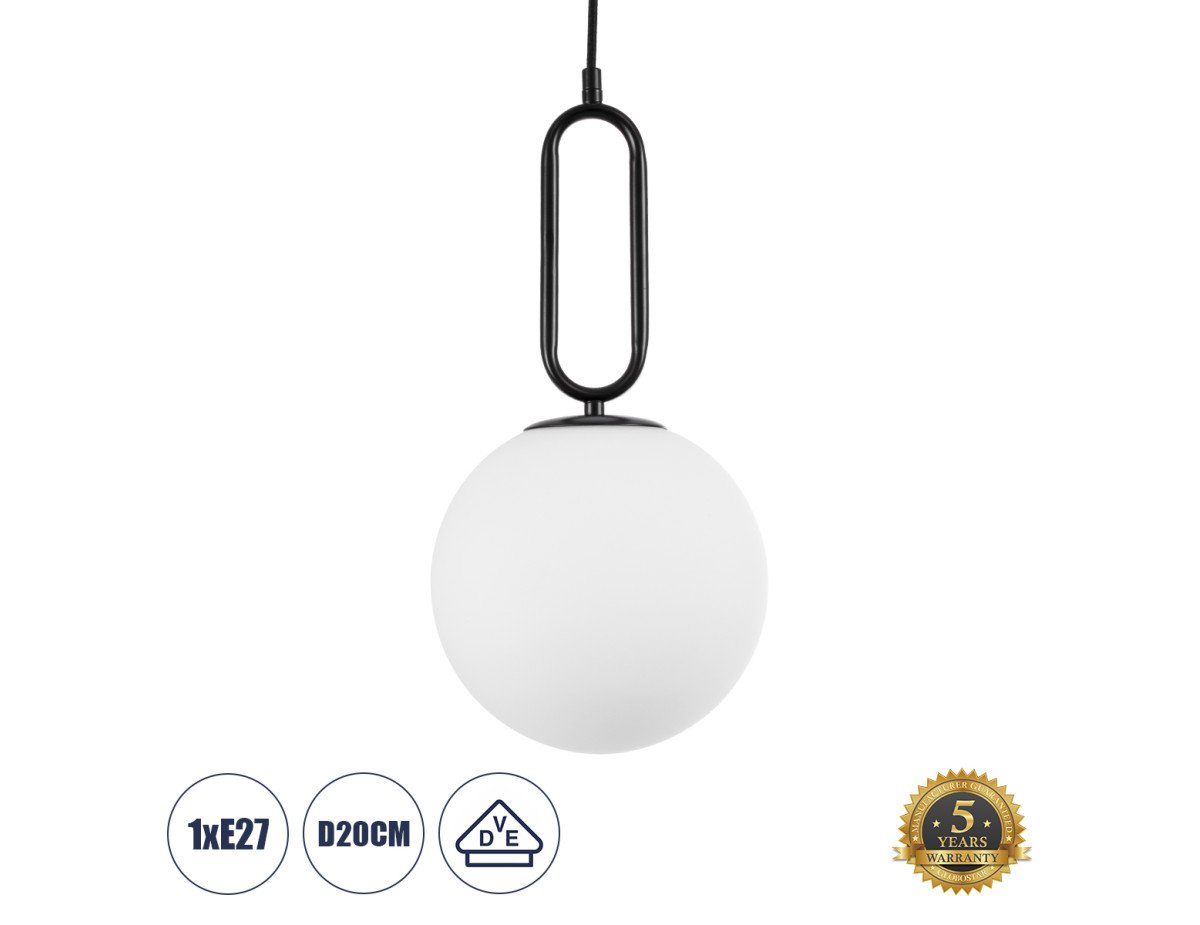 GloboStar® BELLISSIMO 61489 Μοντέρνο Κρεμαστό Φωτιστικό Οροφής Μονόφωτο 1 x E27 Γαλακτερή Γυάλινη Μπάλα με Μεταλλικό Μαύρο Ματ Σώμα Φ20 x Υ42cm