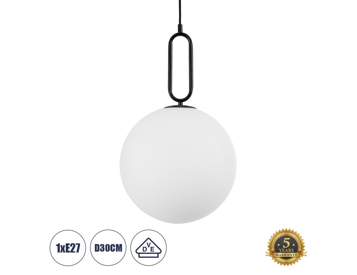 GloboStar® BELLISSIMO 61490 Μοντέρνο Κρεμαστό Φωτιστικό Οροφής Μονόφωτο 1 x E27 Γαλακτερή Γυάλινη Μπάλα με Μεταλλικό Μαύρο Ματ Σώμα Φ30 x Υ52cm