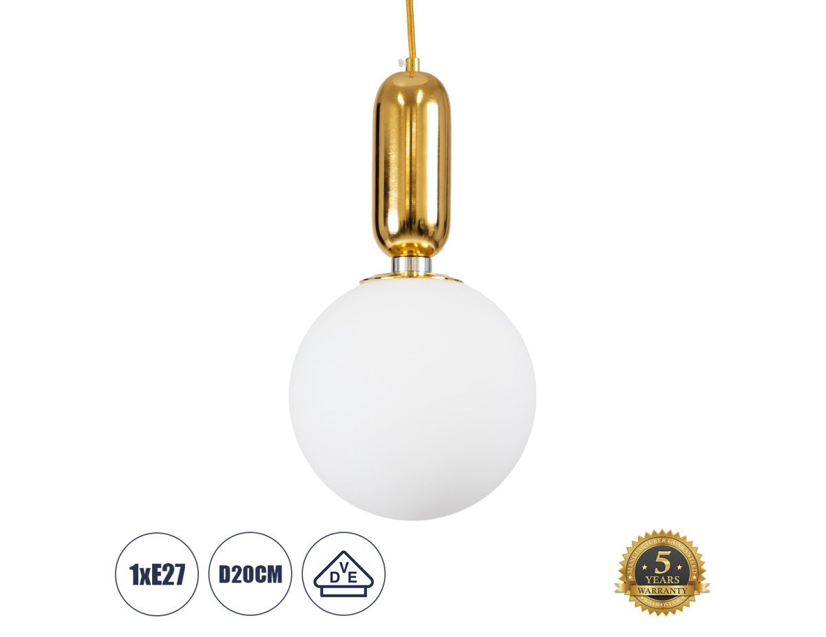 GloboStar® ESTETICO 61492 Μοντέρνο Κρεμαστό Φωτιστικό Οροφής Μονόφωτο 1 x E27 Γαλακτερή Γυάλινη Μπάλα με Μεταλλικό Επιχρυσωμενό Πλατίνα Σώμα Φ20 x Υ38cm