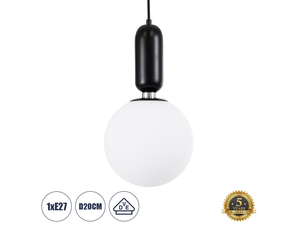 GloboStar® ESTETICO 61495 Μοντέρνο Κρεμαστό Φωτιστικό Οροφής Μονόφωτο 1 x E27 Γαλακτερή Γυάλινη Μπάλα με Μεταλλικό Μαύρο Ματ Σώμα Φ20 x Υ38cm