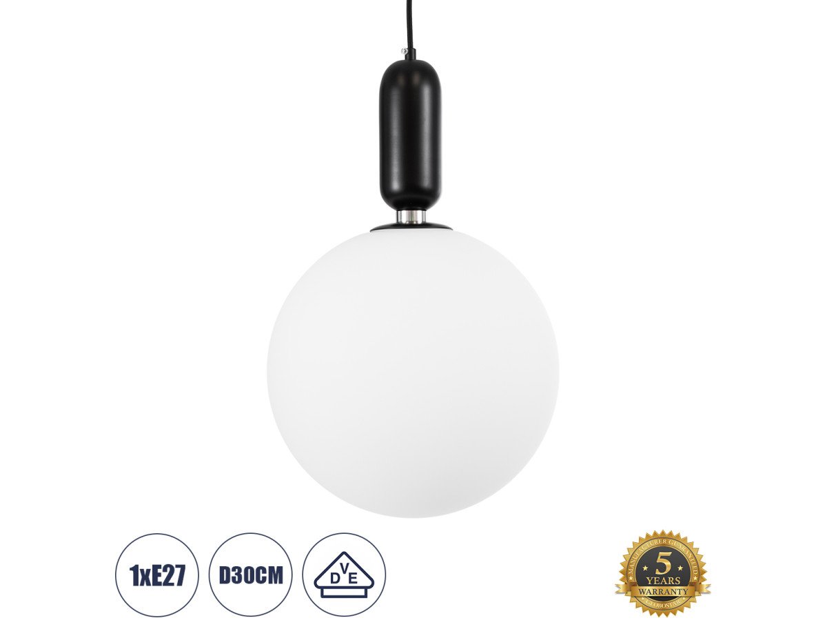 GloboStar® ESTETICO 61496 Μοντέρνο Κρεμαστό Φωτιστικό Οροφής Μονόφωτο 1 x E27 Γαλακτερή Γυάλινη Μπάλα με Μεταλλικό Μαύρο Ματ Σώμα Φ30 x Υ48cm